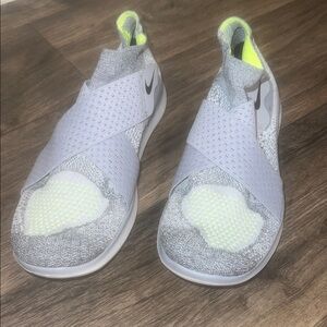 Women’s NIKE FREE RN MOTION FLYKNIT Gray and Neon Yellow Slip-On Sneaker, 8.5